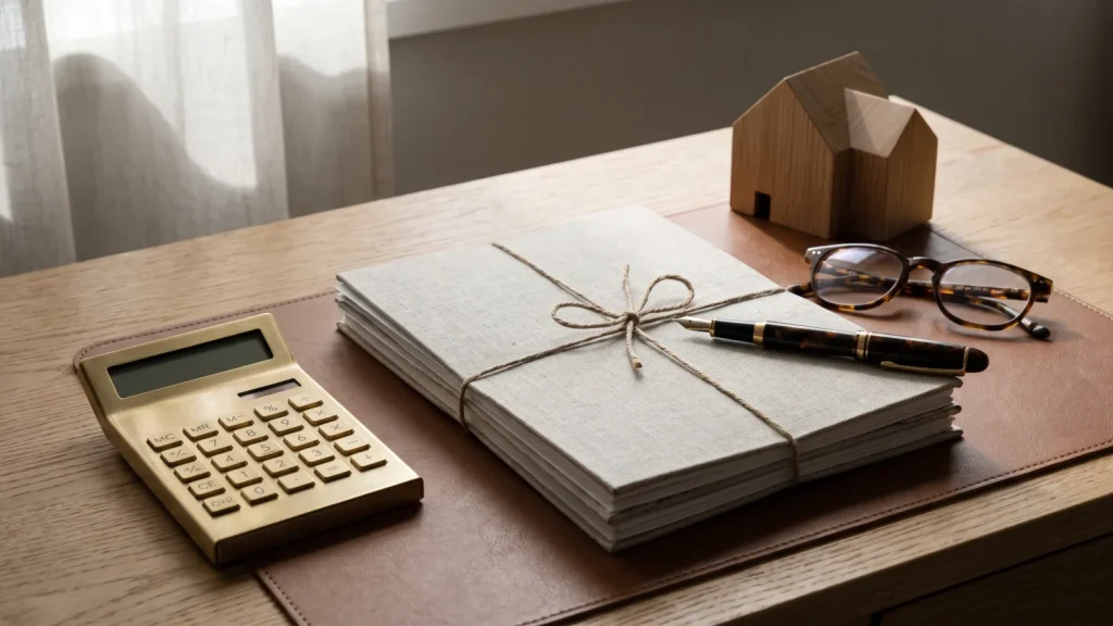 Calculatrice et documents représentant le dépôt de garantie immobilier