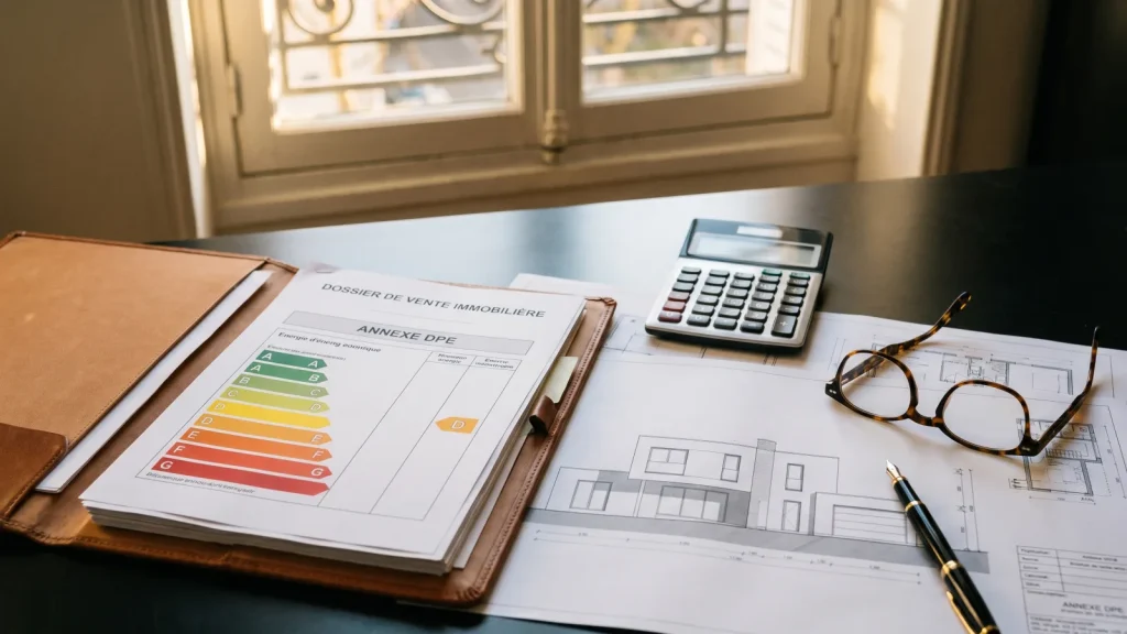 Diagnostic immobilier vente : dossier DPE sur un bureau de notaire