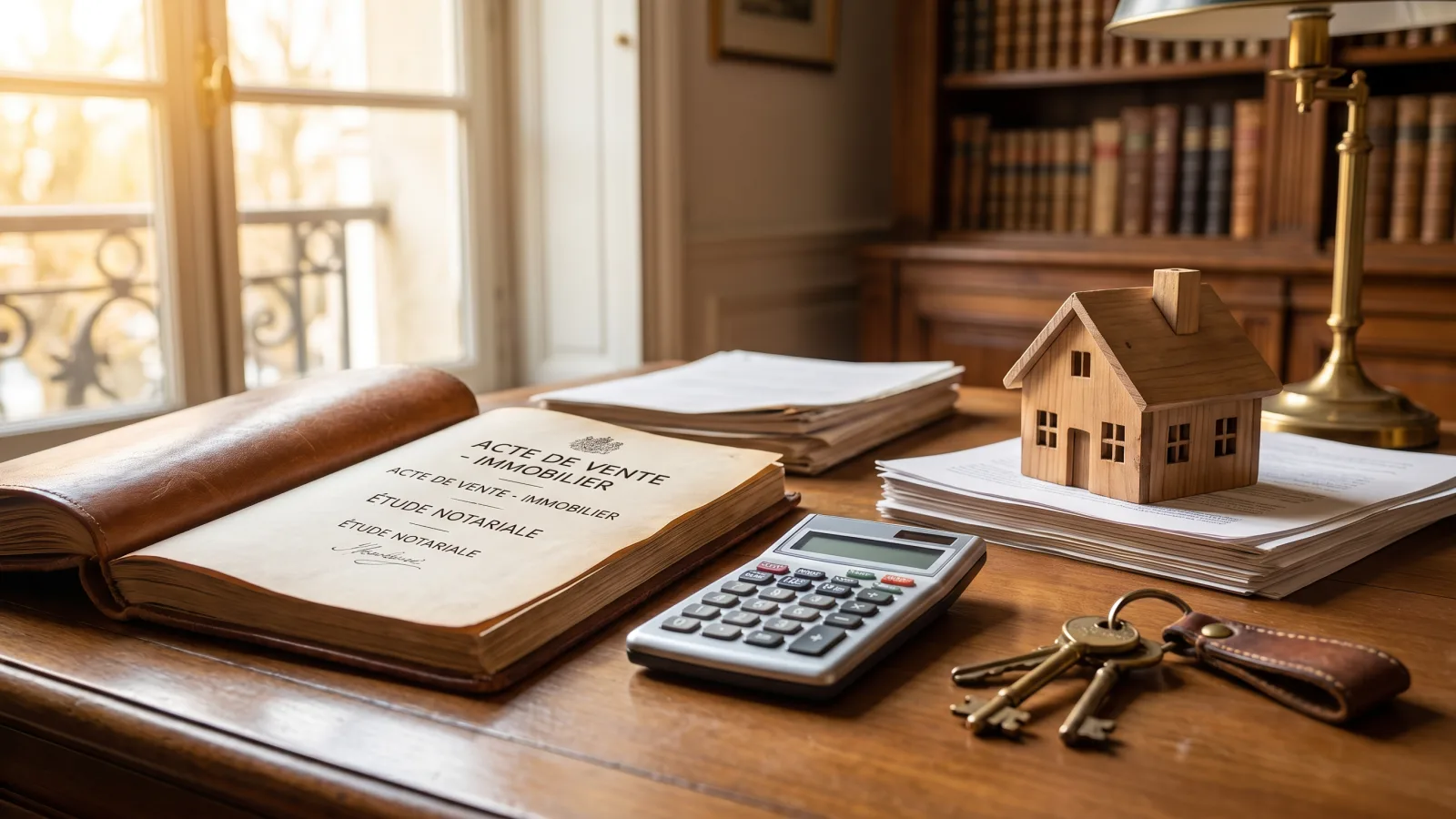 Bureau de notaire avec acte de vente, calculatrice et clés de maison