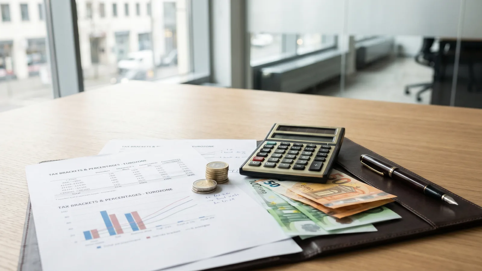 Documents de calcul des taux et des frais de notaire avec pièces en euros
