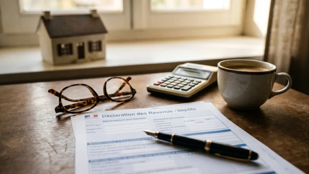 Formulaire de déclaration fiscale des impôts avec calculatrice et maquette de maison