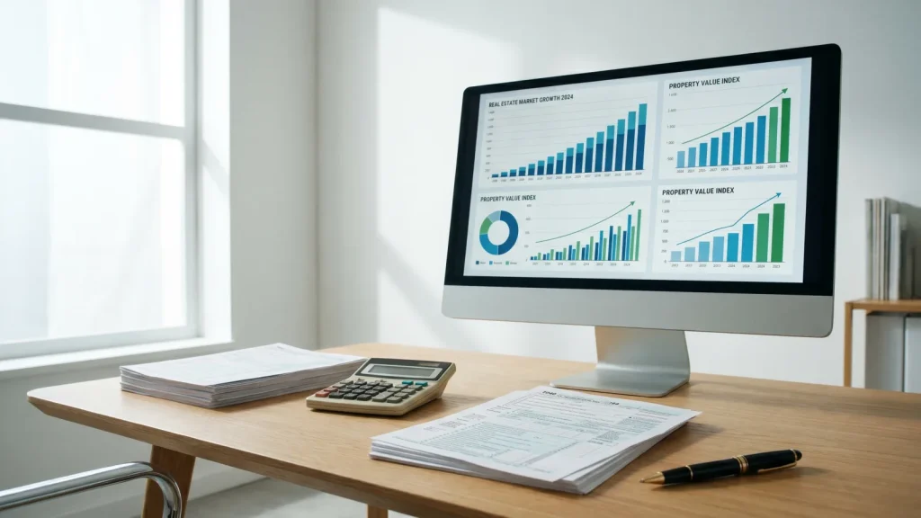 Écran affichant des graphiques de valorisation immobilière et documents fiscaux