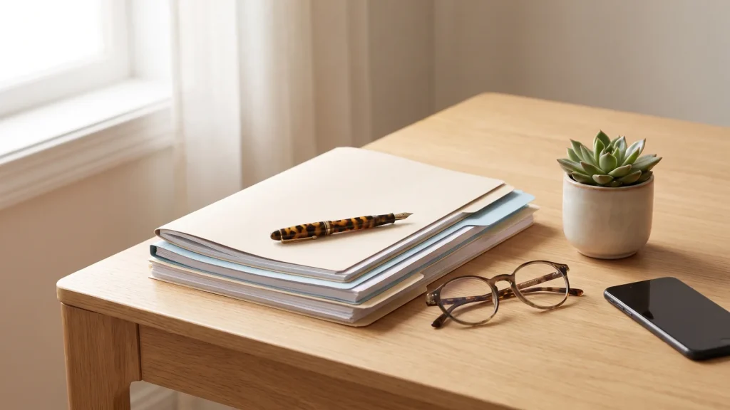 Documents financiers, stylo et lunettes posés sur une table en bois clair