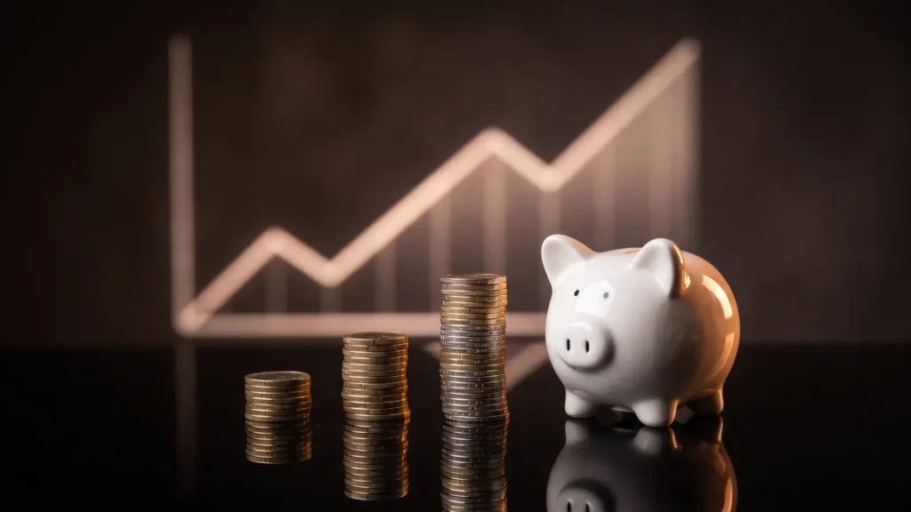 Pièces en euros empilées et tirelire symbolisant l'épargne sans risque et sans impôt