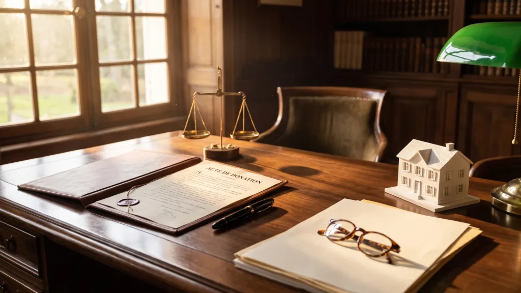 Acte de donation et maquette de maison sur le bureau d'un notaire