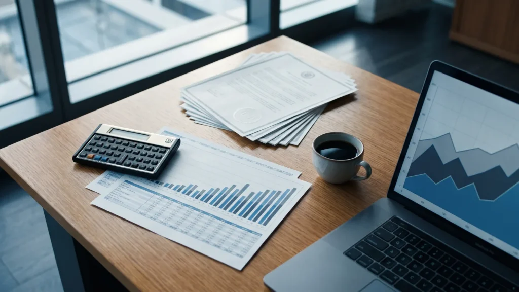 Calculatrice, tableaux chiffrés et documents de gestion de patrimoine