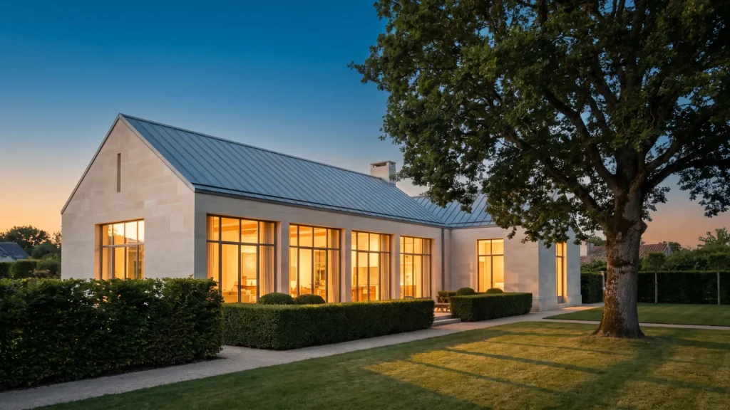 Maison familiale contemporaine éclairée au crépuscule