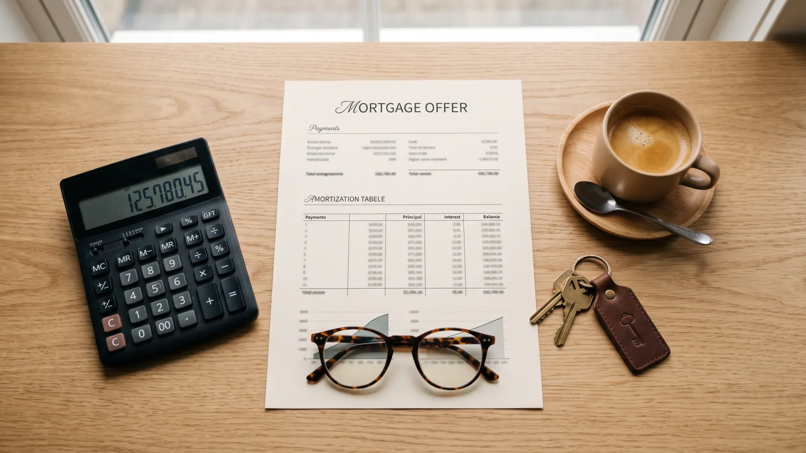 Offre de prêt immobilier, calculatrice et clés de maison posées sur une table
