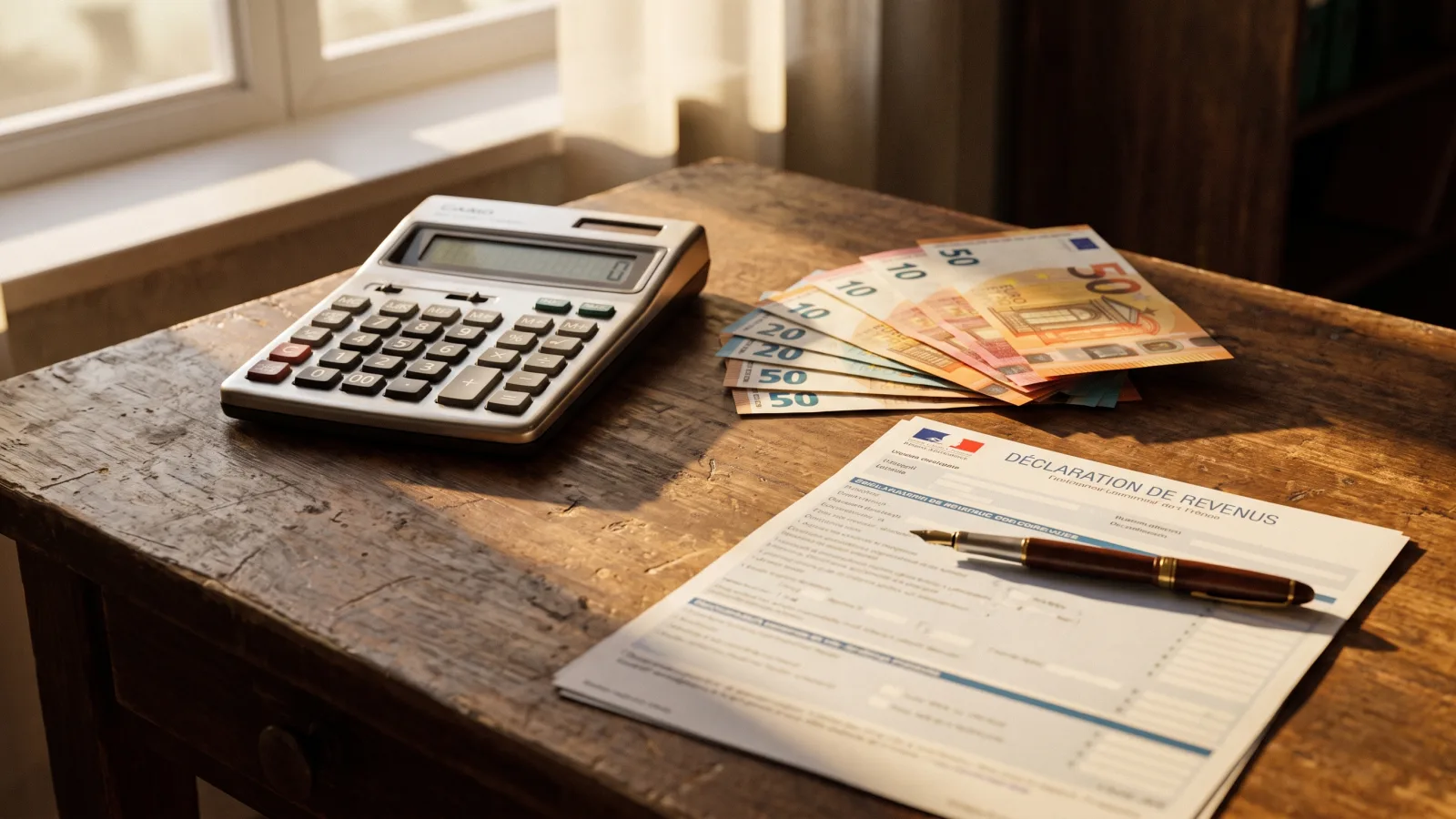Calculatrice, billets en euros et déclaration fiscale pour estimer son taux