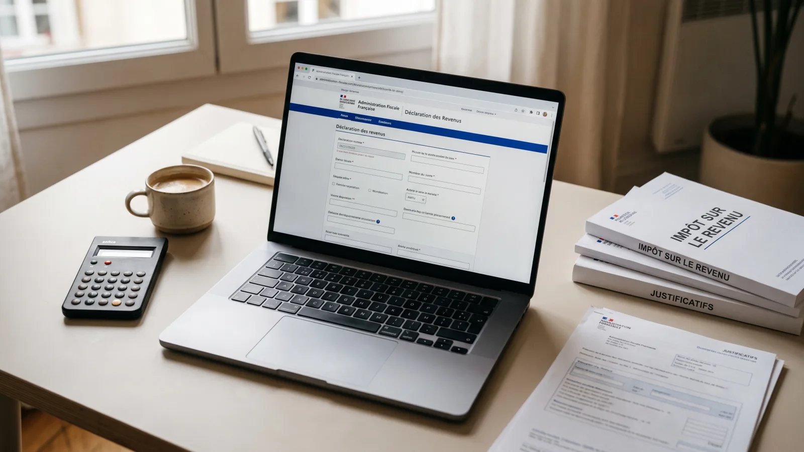Bureau avec ordinateur affichant l espace impots pour moduler le taux de prélèvement à la source