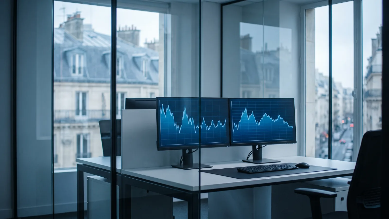 Bureau bancaire moderne avec écrans affichant des courbes de taux de crédit immobilier